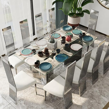 Asday 78" Glass Dining Table, Silver Dining Room Table with Double Pedestal Mirrored Stainless Steel Base, Large Modern Rectangular Kitchen Table for 6-8