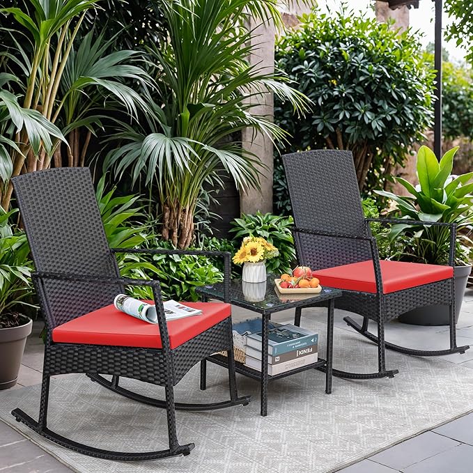 Greesum 3 Pieces Patio Furniture Set Outdoor Wicker Rocking Chairs with Glass Coffee Table for Garden Backyard Porch Poolside, Red