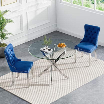 Goujxcy 3 Piece Round Glass Dining Table Set for 2, 36" Round Dining Table & Chair Set Modern Circle Glass Kitchen Table and 2 Velvet Upholstered Chairs for Kitchen Dining (Silver Table & Blue Chair)