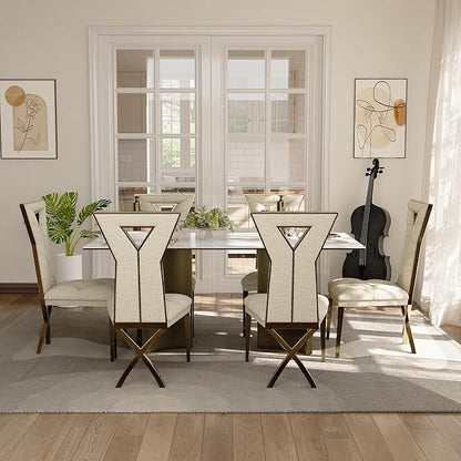 Modern Dining Table for 6, White Sintered Stone Dining Table Top with Brushed Bronze Stainless Steel Base, 70 inch Rectangle Dining Room Table for Home Restaurant (Only Table)