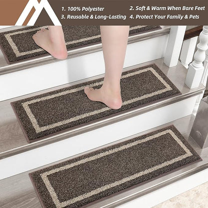 COSY HOMEER Soft Stair Treads Non-Slip Carpet Mat 28inX9in Indoor Stair Runners for Wooden Steps,Stair Rugs for Kids and Dogs, 100% Polyester TPE Backing 7pcs,Brown,Square