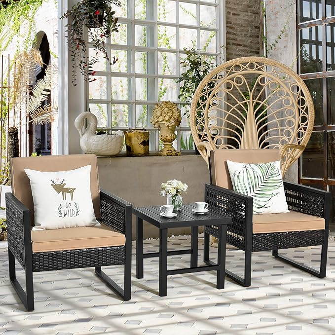 Tangkula 3 Piece Patio Wicker Bistro Set, Outdoor Rattan Sofa, Conversation Furniture w/Coffee Table, Seat and Back Cushions, Garden, Backyard, Balcony, Poolside