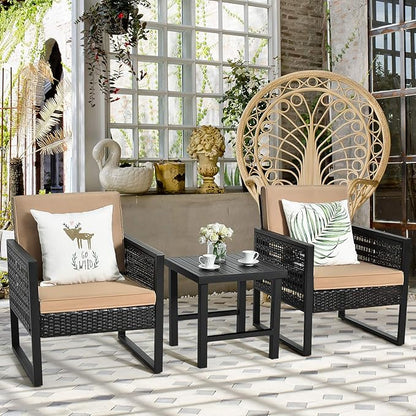 Tangkula 3 Piece Patio Wicker Bistro Set, Outdoor Rattan Sofa, Conversation Furniture w/Coffee Table, Seat and Back Cushions, Garden, Backyard, Balcony, Poolside