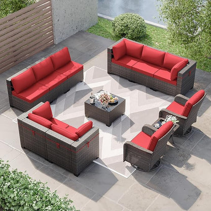 Kurapika 12 Pieces Patio Furniture Set, Rattan Wicker Sofa Set, Outdoor Conversation Sets w/Swivel Rocking Chairs Patio Sectional Sofa w/4 Inch Cushion, Red