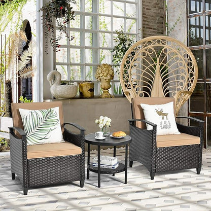 Tangkula 3 Piece Rattan Sofa Set, Patio Conversation Bistro Set w/Coffee Table, Seat and Back Cushions, Sturdy Steel Frame, Outdoor Furniture Set for Garden, Backyard, Balcony, Poolside