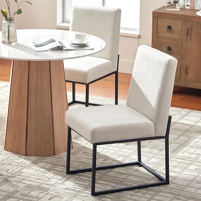 VKNOW Upholstered Dining Chairs Set of 4, Modern Dining Room Chairs, Linen Kitchen Chair Dinner Chair with Black Metal Base for Kitchen Office, Beige-Unstriped