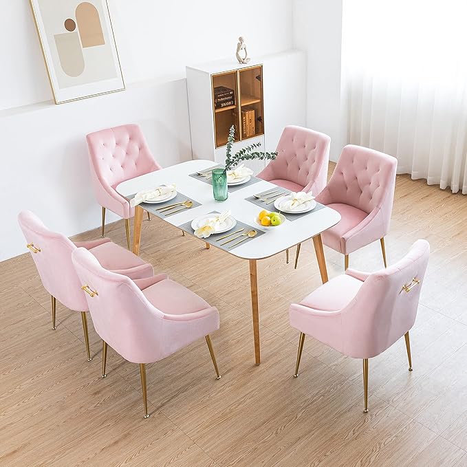 Modern Dining Chairs Set of 2, Mid Century Dining Chairs with 5.12” Cushions and Golden Legs, Velvet Upholstered with Back Pull Rod, for Kitchen, Living Room (Pink)