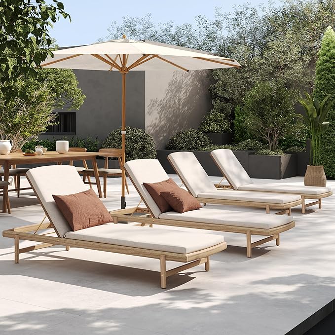 Christopher Knight Home Brolen Acacia Wood Chaise Lounge Chair Outdoor Set of 4, Patio Outdoor Chaise Lounge with Cushions, Adjustable Backrest Lounge Sofa, Wooden Sunbathing Pool Lounger, Teak+Beige