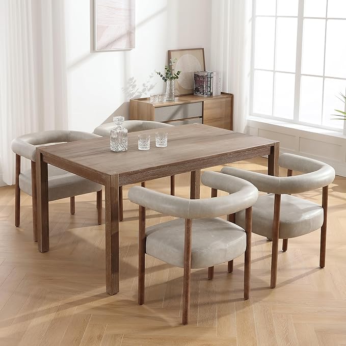 PU Leather Dining Chairs Set of 6, Modern Upholstered Dining Chair, Curved Backrest Kitchen Chairs Accent Chair Armchairs with Natural Wood Legs, Grey