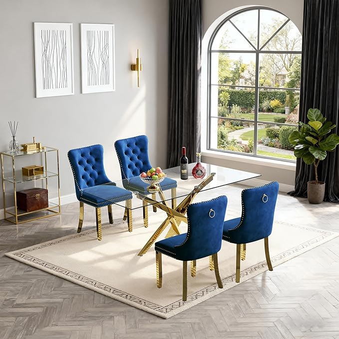 Goujxcy 51" Glass Dining Table Set for 4, Modern Kitchen Table and Chairs Set w/Steel Legs, 5-Piece Dining Table Set w/Glass Gold Dining Table and 4 Blue Velvet Chairs for Kitchen Dining Room