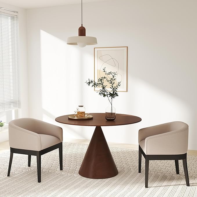 Beige Dining Chairs Set of 2 Mid-Century Modern Dining Chairs Linen Upholstered Kitchen Dining Room Chairs Curved Backrest Dining Chair with Black Wood Legs