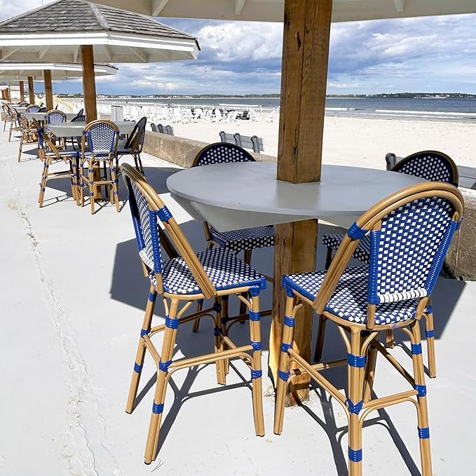 PURPLE LEAF French Counter Height Bar Stool Set of 2 25" Bamboo Print Finish Patio Bar Chairs with Back Rattan Bar Chairs French Bistro Set for Kitchen Outdoor Counter Stool Royal Blue