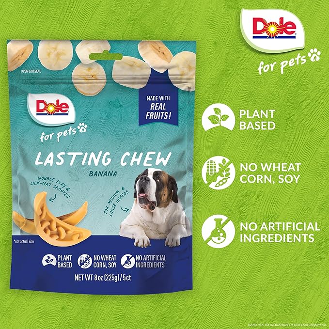 Dole for Pets Freshly Fetched Lasting Chew, Banana Flavor Dog Treats | Flavored with Real Fruit, No Wheat, Corn, Soy, Artificial Flavors, Colors, Preservatives, or Animal Products, 8 Ounce - 6 Pack
