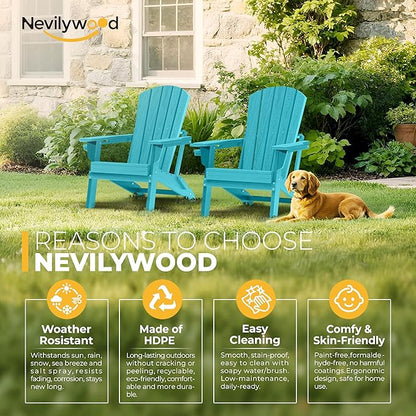 nevilywood Folding Adirondack Chair - Extended Ergonomic Backrest, Cup Holder - Easy Assembly - Durable HDPE Plastic, Weather Resistant & Maintenance-Free - Lawn, Patio, Deck Supports 380lbs Aruba