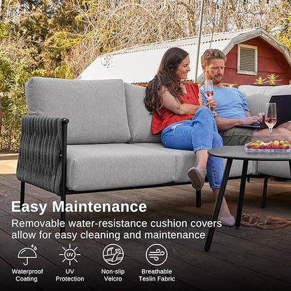 EAST OAK Life Chatter Patio Furniture Set, Outdoor Furniture Sectional Sofa Set with Round Coffee Table, 4 Seats Sofa Deep Seating with Thick & Washable Cushions, Earth Black & Misty Grey