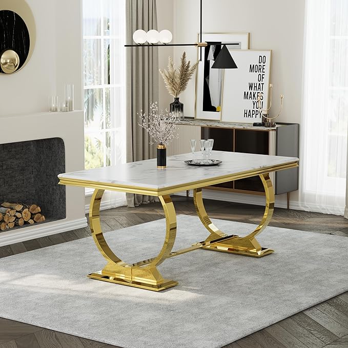 Asday White and Gold Dining Table, 72 inch Dining Room Table with Polished Stainless Steel U-Base for 4-8