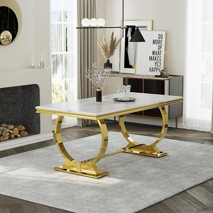 Asday White and Gold Dining Table, 72 inch Dining Room Table with Polished Stainless Steel U-Base for 4-8