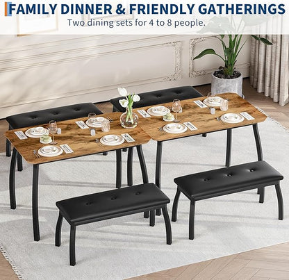 GAOMON Dining Table Set for 4, Metal Frame Kitchen Table Set with 2 Upholstered Bench, 3 Piece Dining Room Table Furniture for Apartment, Studio, Home, Easy Assembly, Retro Brown