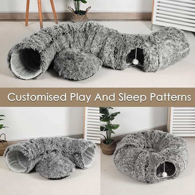 Cat Tunnel Bed for Indoor Cats, Peekaboo Cat Cave with Washable Soft Play Mat, Furry Cat Tube, for Kitten/Puppy/Rabbit, Black
