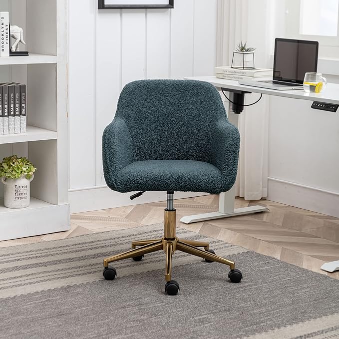 Goujxcy Fluffy Desk Chair, Faux Fur Vanity Chair Swivel Office Chair for Girls Women, Height Adjustable Cute Teddy Furry Makeup Chairs for Bedroom Home Office