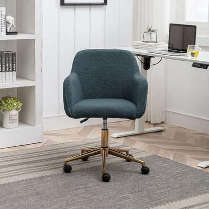 Goujxcy Fluffy Desk Chair, Faux Fur Vanity Chair Swivel Office Chair for Girls Women, Height Adjustable Cute Teddy Furry Makeup Chairs for Bedroom Home Office