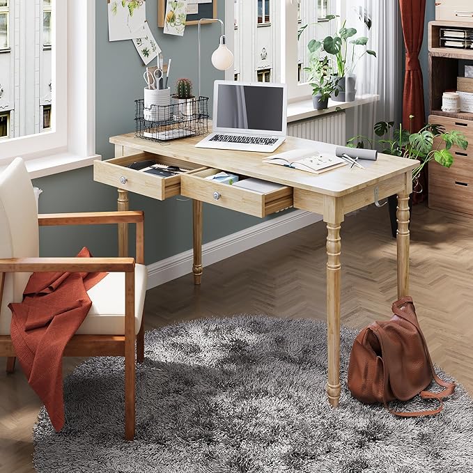 Solid Wood Desk with Drawers - 48 Inch Writing Desk with Drawers, Mid Century Modern Desk with 2 Hooks, Rubber Wood Study Table for Bedroom, Living Room & Office, Natural Boho Desks