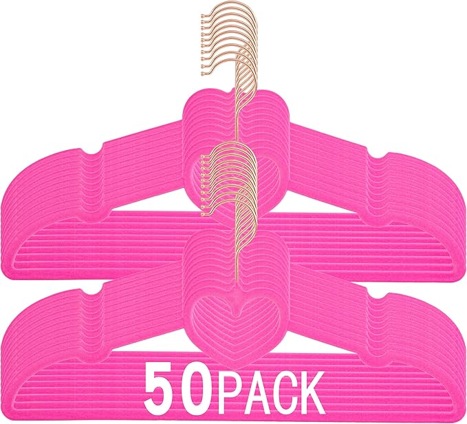 Hot Pink Velvet Hangers 50 Pack, Premium Non-Slip Heart Hanger, 360° Swivel Rose Gold Hooks, Space Saving Slim Hanger, Durable & Cute Clothes Hanger for Adult
