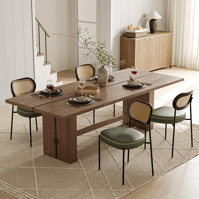 Rattan Dining Chairs Set of 4, Green Leather Upholstered Dining Chairs with Rattan Cane Back, Mid Century Modern Dining Room Chairs with Black Metal Legs & D-Shaped Thicken Cushion, Green