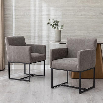 Set of 4 Upholstered Dining Chairs with Armrest, PU Leather Modern Accent Armchairs, Kitchen & Dining Room Chairs Side Chairs, Grey