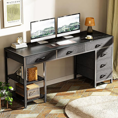 Huuger Computer Desk with 6 Drawers, 54 Inch Office Desk with Shelves, Reversible Gaming Desk, Corner Desk with Storage, Work for Home Office, Study, Living Room, Black