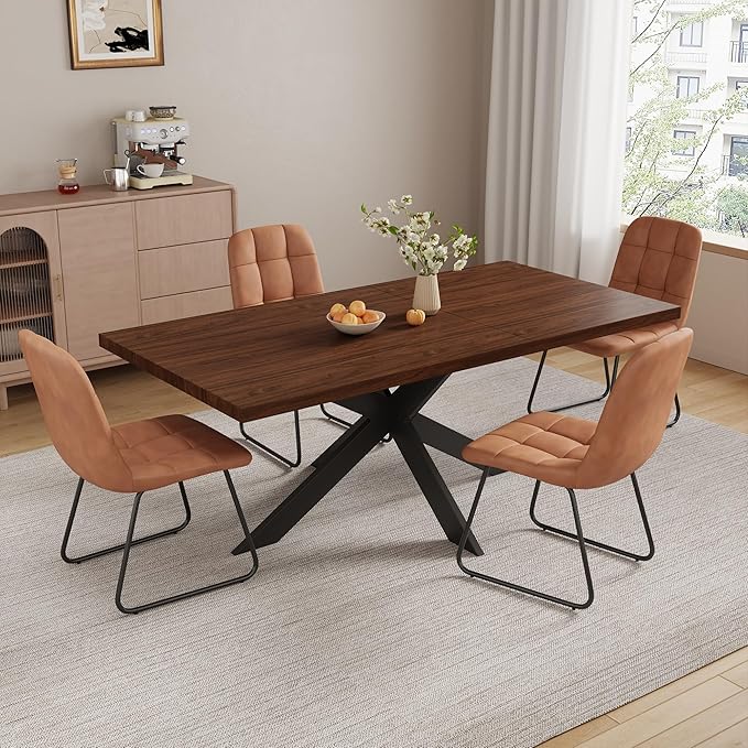 5-Piece Dining Table Set with 51"-67" Extendable Walnut Wood Table and 4 Brown PU Leather Chairs, Modern Rectangular Kitchen Table Set with Metal Legs, Space Saving Dining Room Furniture for 4