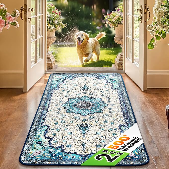 Hompet 2 Pack Super Absorbent Dog Door Mat for Muddy Paws, Washable Pee Pads for Dogs, Reusable Puppy Training Pads, Quick Dry Non-Slip Pet Entryway Rug, Leak-Proof Potty Pad for Indoor Floors 24x60