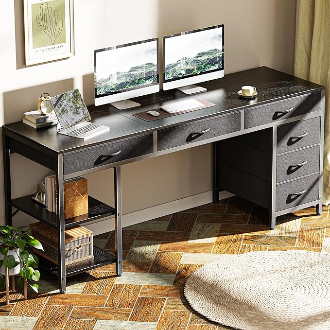 Huuger Computer Desk with 6 Drawers, 63 Inch Office Desk with Shelves, Reversible Gaming Desk, Corner Desk with Storage, for Home Office, Study, Living Room, Black