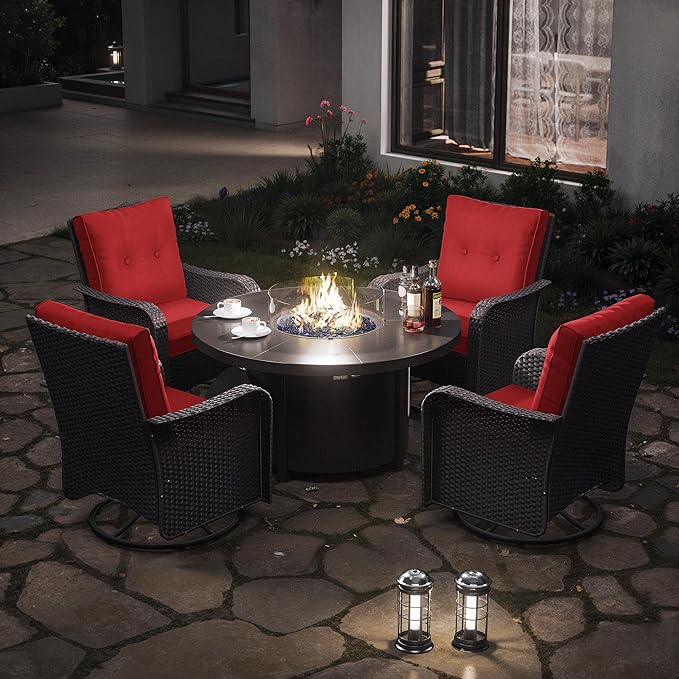 Kurapika 5 Pieces Patio Furniture Set, Rattan Wicker Outdoor Conversation Sets, 4 Woven Rattan Swivel Chairs w/48in Propane Fire Pit Table and Thickened Cushions, Red