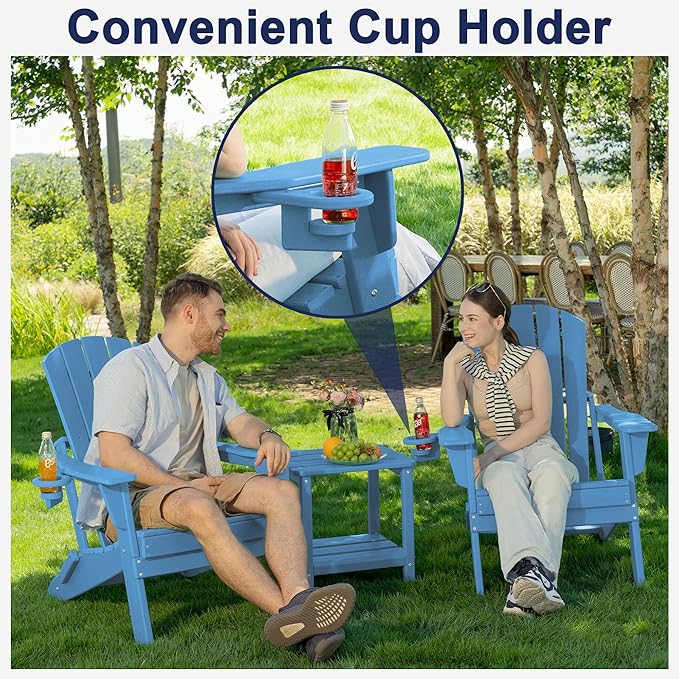 Plawdlik Folding Adirondack Chair Set of 2 with Cup Holder,Heavy All-Weather,Wooden Textured,HDPE Outdoor Chairs, Patio Backyard Fire Pit, Light Blue