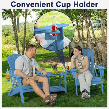 Plawdlik Folding Adirondack Chair Set of 2 with Cup Holder,Heavy All-Weather,Wooden Textured,HDPE Outdoor Chairs, Patio Backyard Fire Pit, Light Blue