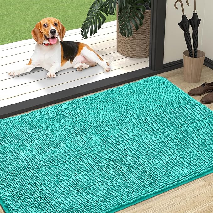 OLANLY Dog Door Mat for Muddy Paws 47x32, Absorbs Moisture and Dirt, Absorbent Non-Slip Washable Doormat, Quick Dry Chenille Mud Mat for Dogs, Entry Indoor Entryway Carpet for Inside Floor, Teal