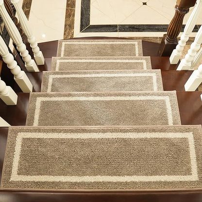 COSY HOMEER Soft Stair Treads 15pcs Non-Slip Carpet Mat 28inX9in Indoor Stair Runners for Wooden Steps,Stair Rugs for Kids and Dogs, 100% Polyester TPE Backing Beige,Square