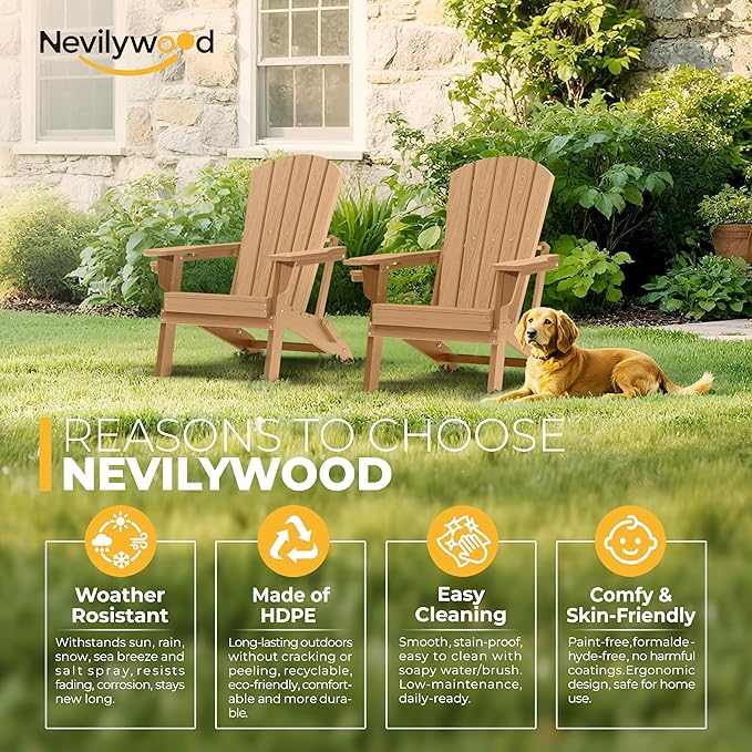 nevilywood Folding Adirondack Chair - Extended Ergonomic Backrest, Cup Holder - Easy Assembly - Durable HDPE Plastic, Weather Resistant & Maintenance-Free - Lawn, Patio, Deck Supports 380lbs,Teak