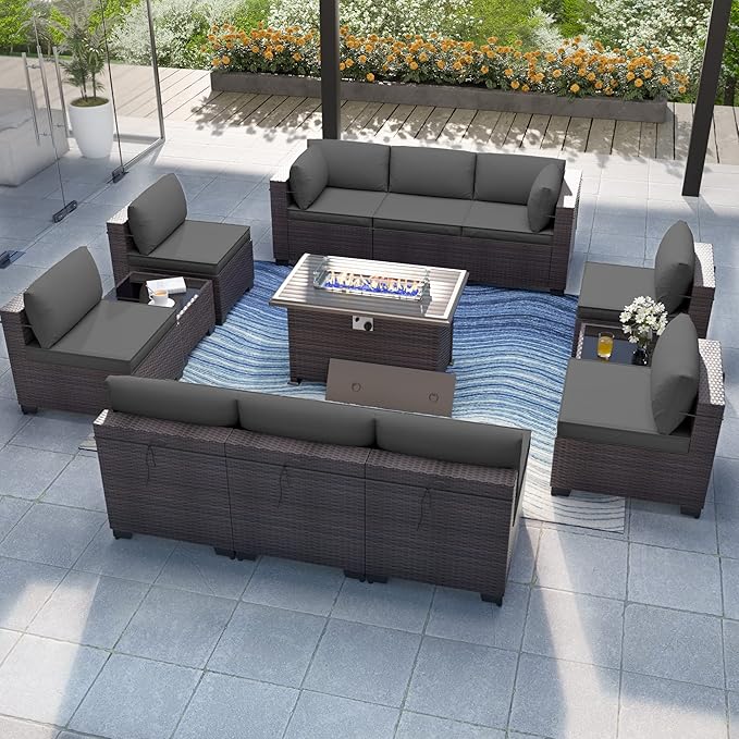 Kurapika 13 Pieces Patio Furniture Set, Rattan Wicker Outdoor Conversation Sets w/43in Propane Fire Pit Table and 4 Inch Cushion(Grey)