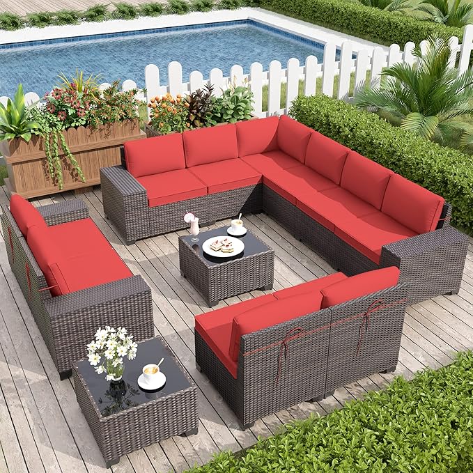 Kurapika 12 Pieces Patio Furniture Set, Rattan Wicker Outdoor Conversation Sets w/4 Inch Cushion and Glass Coffee Table(Red)