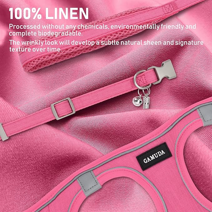 GAMUDA Small Pet Harness Collar and Leash Set, Step in No Chock No Pull Linen Fabric Soft Mesh Dog Vest Harnesses Reflective for Dogs Puppy Cats Kitten Rabbit (Pink, M)