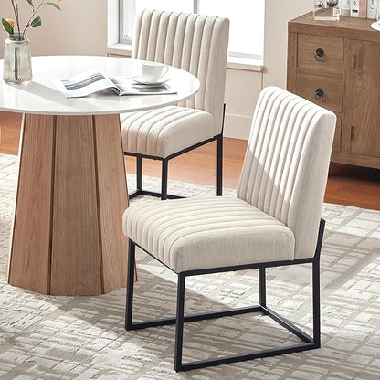 VKNOW Upholstered Dining Chairs Set of 4, Modern Dining Room Chairs with Stripe, Linen Kitchen Chair Dinner Chair with Black Metal Base for Kitchen Office, Beige