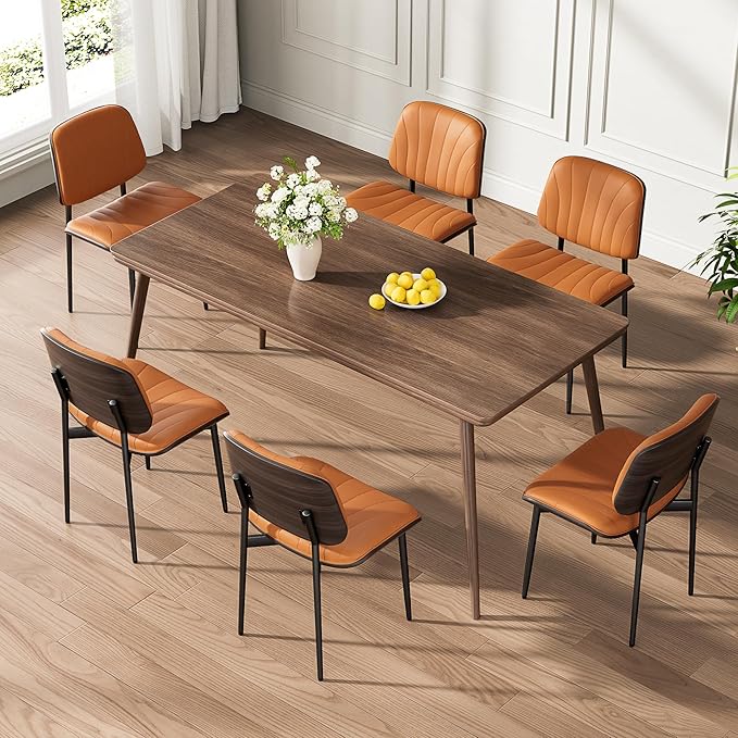 Dining Chairs Set of 2, Mid-Century Modern Upholstered PU Leather Chairs with Walnut Back and Metal Legs Adjustable Feet for Kitchen Dining Room, Orange Shell Strips