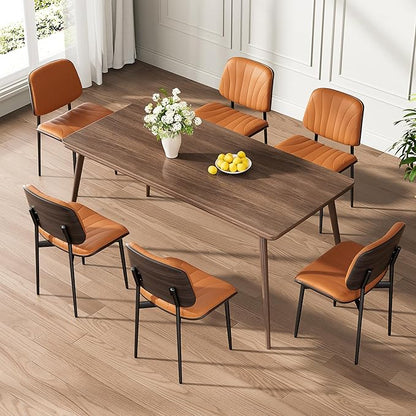 Dining Chairs Set of 2, Mid-Century Modern Upholstered PU Leather Chairs with Walnut Back and Metal Legs Adjustable Feet for Kitchen Dining Room, Orange Shell Strips