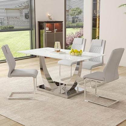 63" Modern Dining Table Set for 4, White Dining Room Set for 4, Tempered Glass Kitchen Table and PU Leather Chairs, Marble Pattern Top with Sturdy Silver Chrome Base