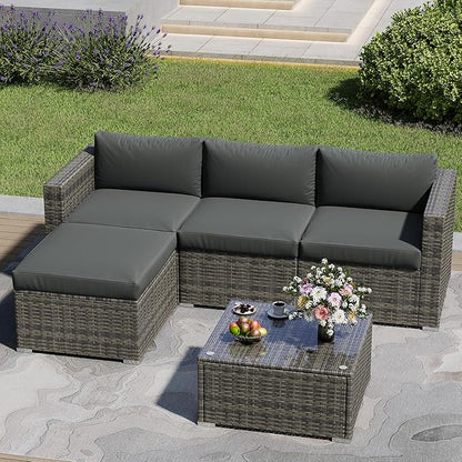 5 Piece Outdoor Patio Sectional Furniture Set, Weather Resistant Rattan Outside Couch, Waterproof Conversation Sofa for Balcony, Porch, Backyard, Deck, Garden, Grey