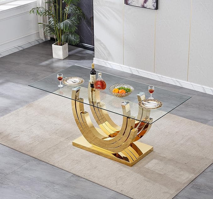Goujxcy 70" Modern Glass Dining Table for 6-8, Luxury Gold Glass Dining Room Table with Mirrored Ring-Shape Stainless Steel Base, Rectangle Kitchen Dinner Tables for Dining Room Kitchen