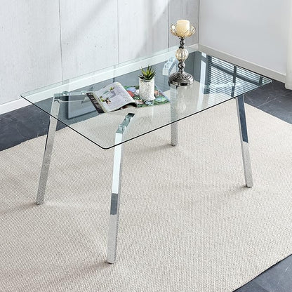 51“ Small Glass Dining Table Set for 4,0.31”Thick Tempered Glass Table Top with 4 Chrome Plate Metal Legs,4 PU Leather Dining Chairs,Modern Kitchen Dinner Room Table Set,for Kitchen Room