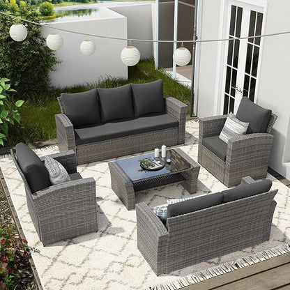 Wisteria Lane 5 Piece Patio Furniture Set, Wicker Outdoor Patio Conversation Furniture Set, All Weather Outdoor Patio Sofa with Cushion and Glass Table, Dark Grey